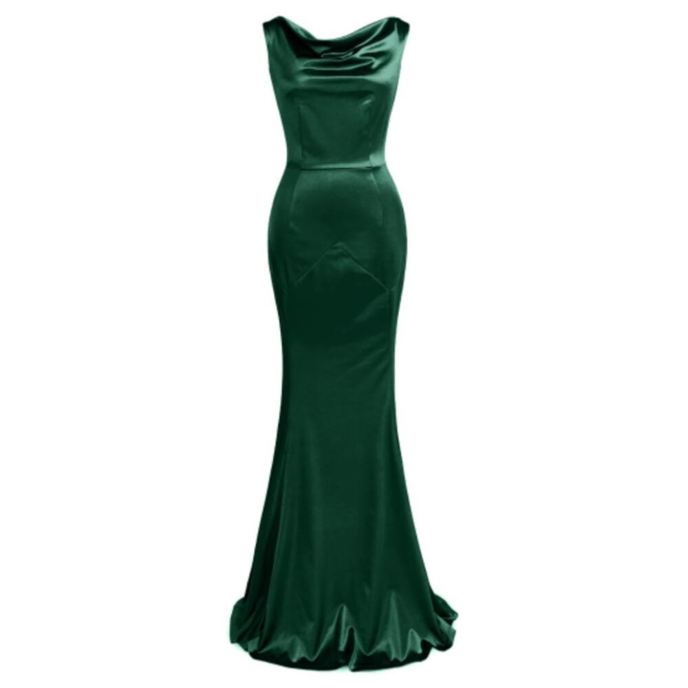 Muxxn 30s Satin Emerald Green Mermaid Drape Cowl Neck Formal Gown sz L
